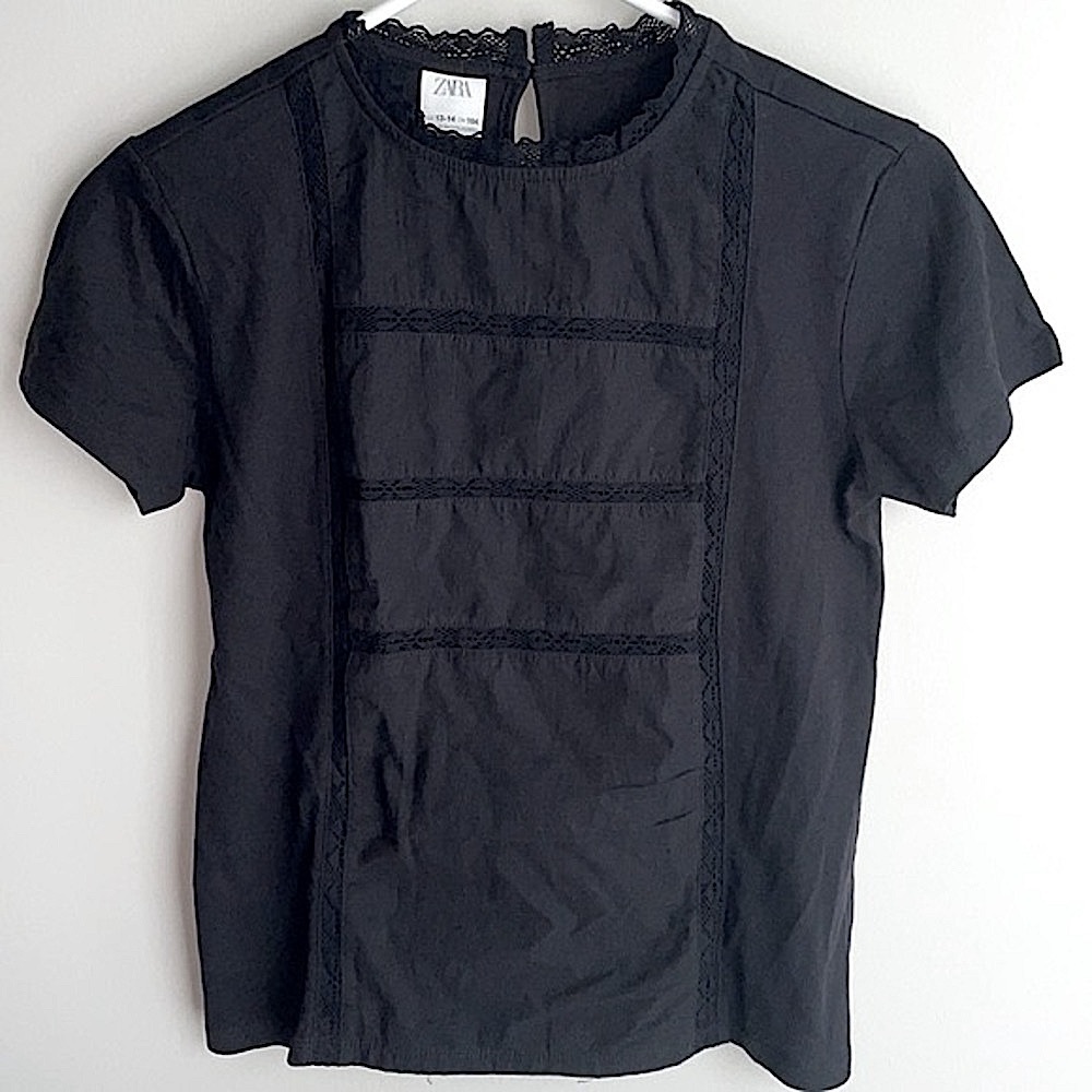 NWT Zara Girls black lace trimmed shirt